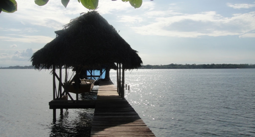A dock with a thatched roof stretches out over calm waters. 